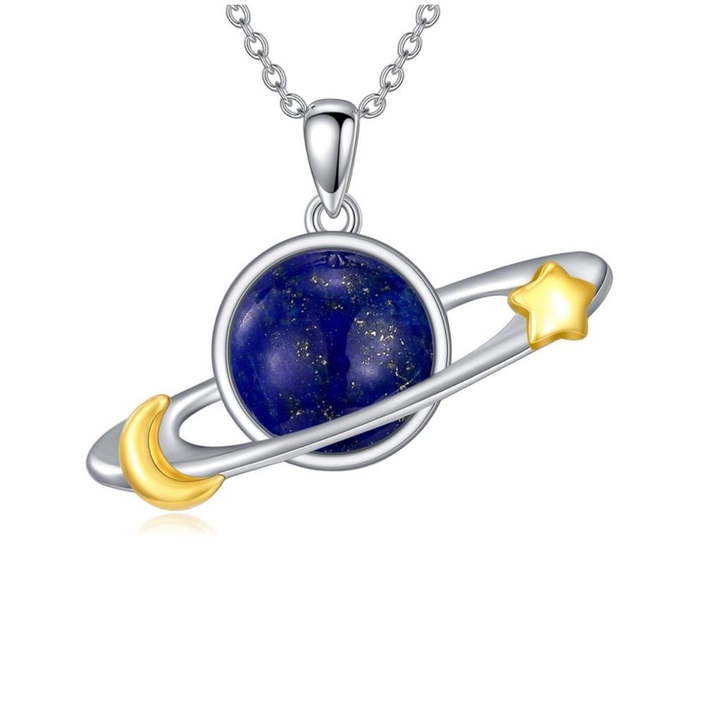 14k Natural Lapis Lazuli Planet and Night Sky Pendant Necklace